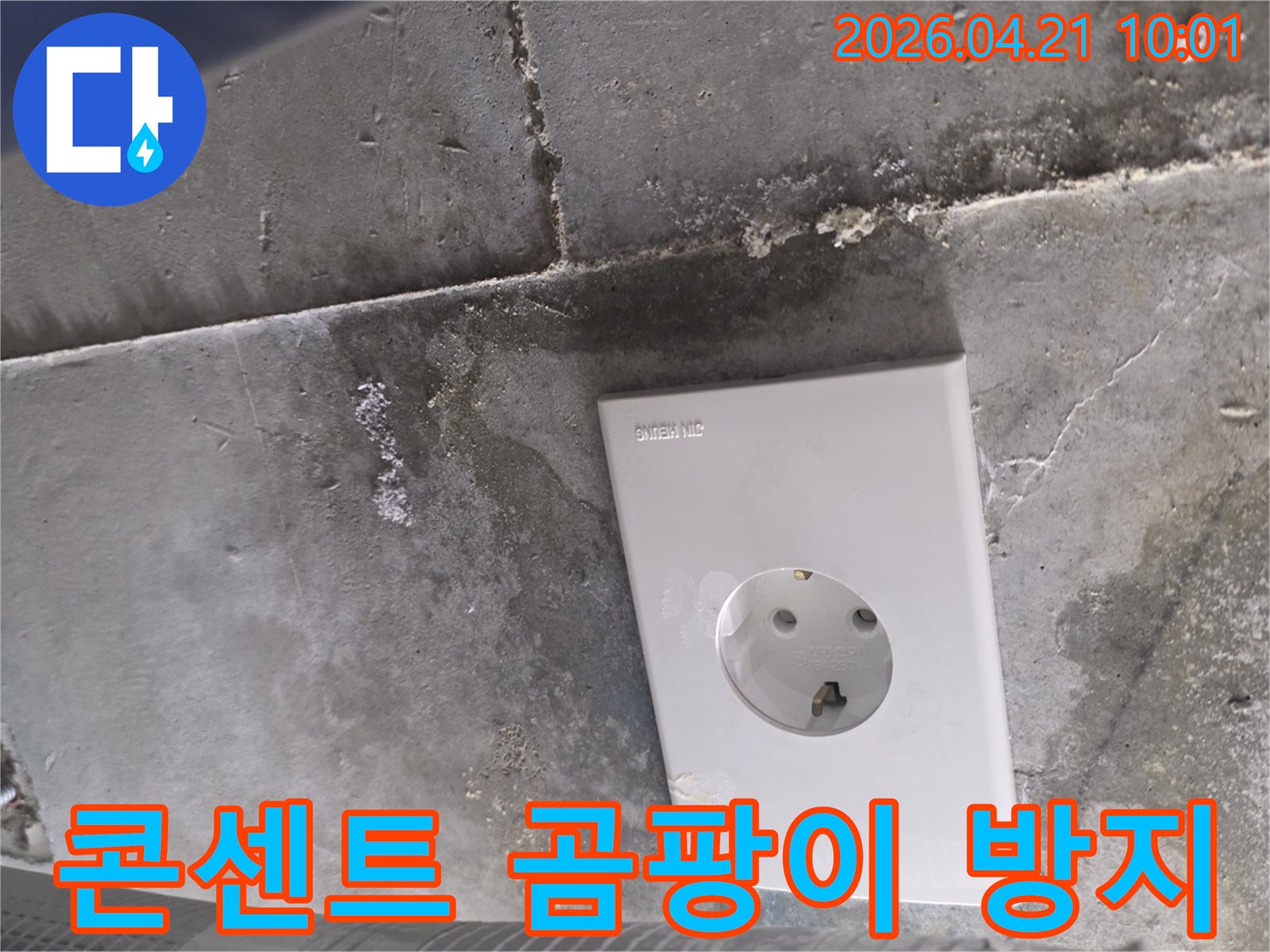 콘크리트 천장에 나타난-전기 콘센트 주변의-습기 흔적과 잠재적 곰팡이 위험