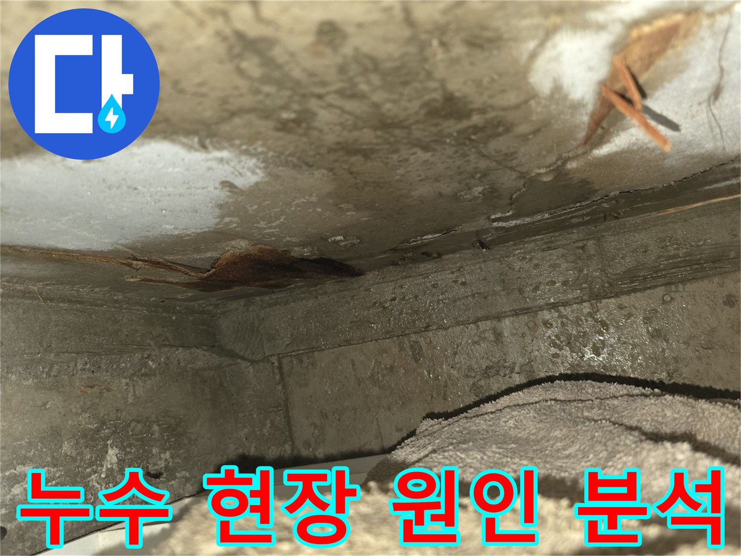 이 사진은-천장 누수로 인해-벽면이 심하게 젖고-곰팡이가 발생하기 시작한-위험한 현장을-보여주고 있습니다