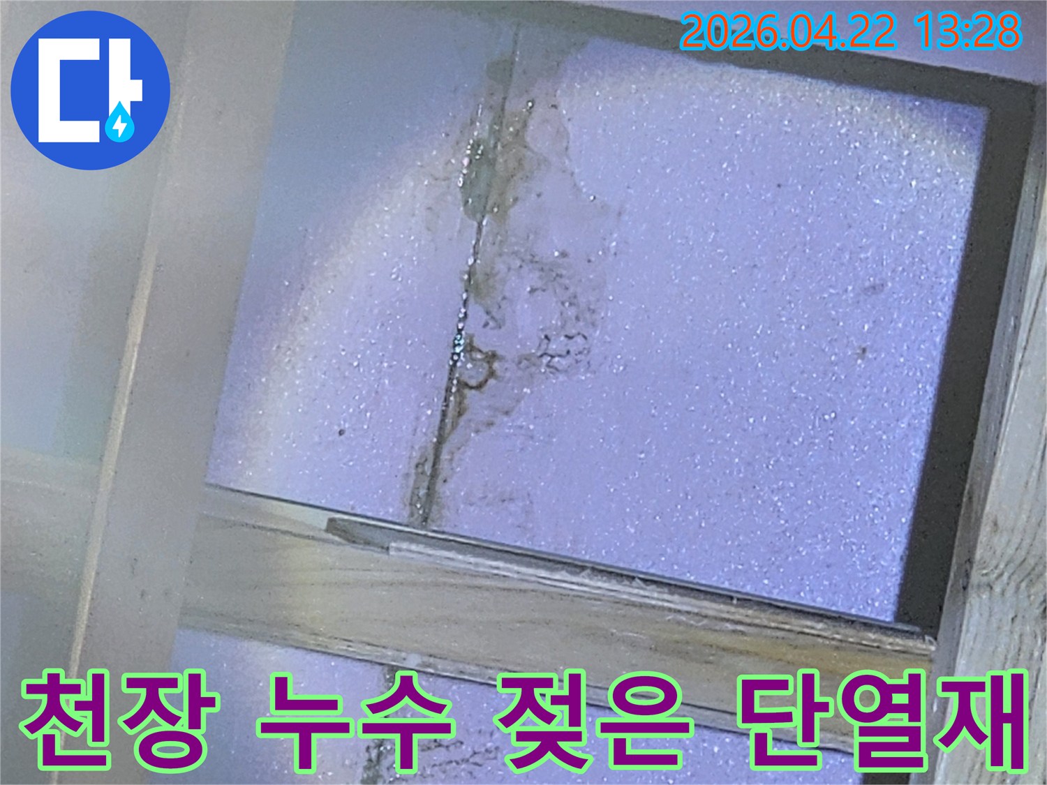 천장-단열재가-물에-젖어-변색되고-일부-곰팡이가-시작된-모습을-보여주는-사진