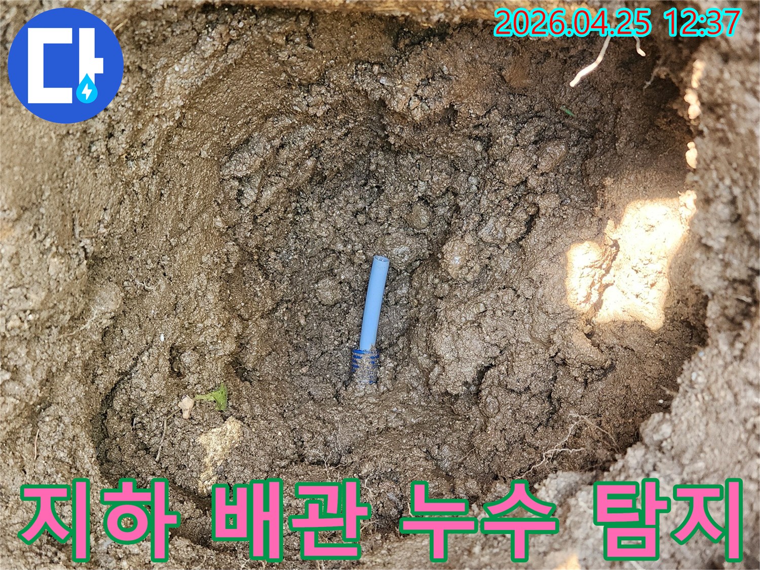 흙 속에 파묻힌-파란색 배관에서-물이 새는 지점을 찾아낸 현장 사진입니다.