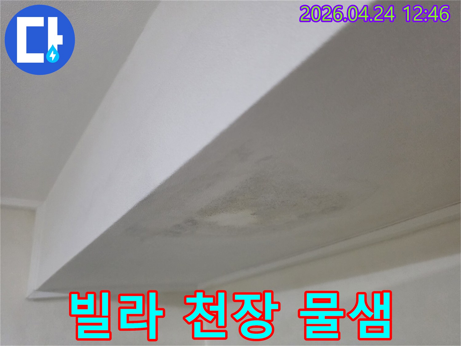 빌라 천장에 발생한 물샘 자국과 곰팡이-누수 원인 파악을 위한 현장 조사 이미지