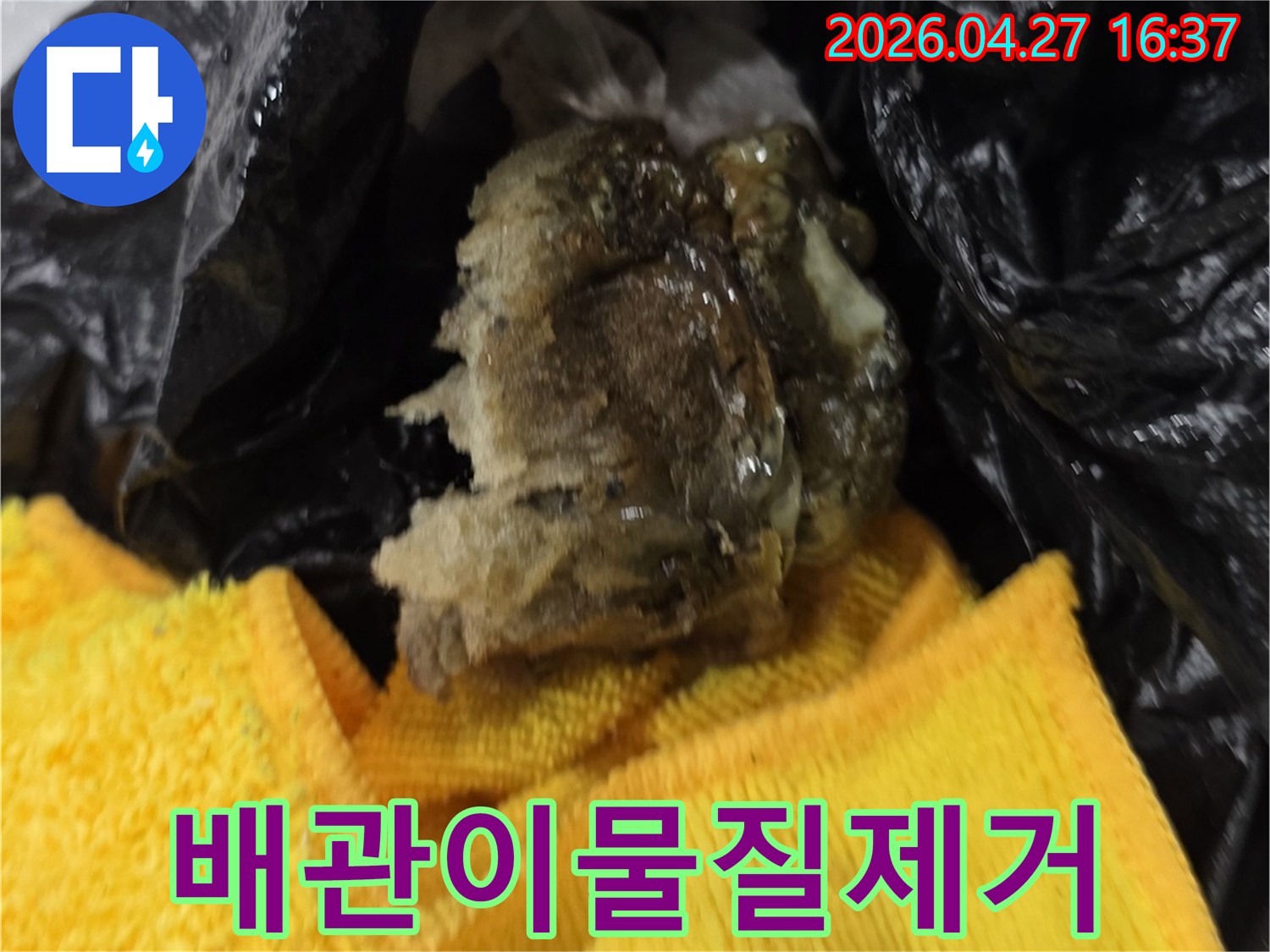 누수 공사 중-배관에서 발견된 이물질-제거 작업