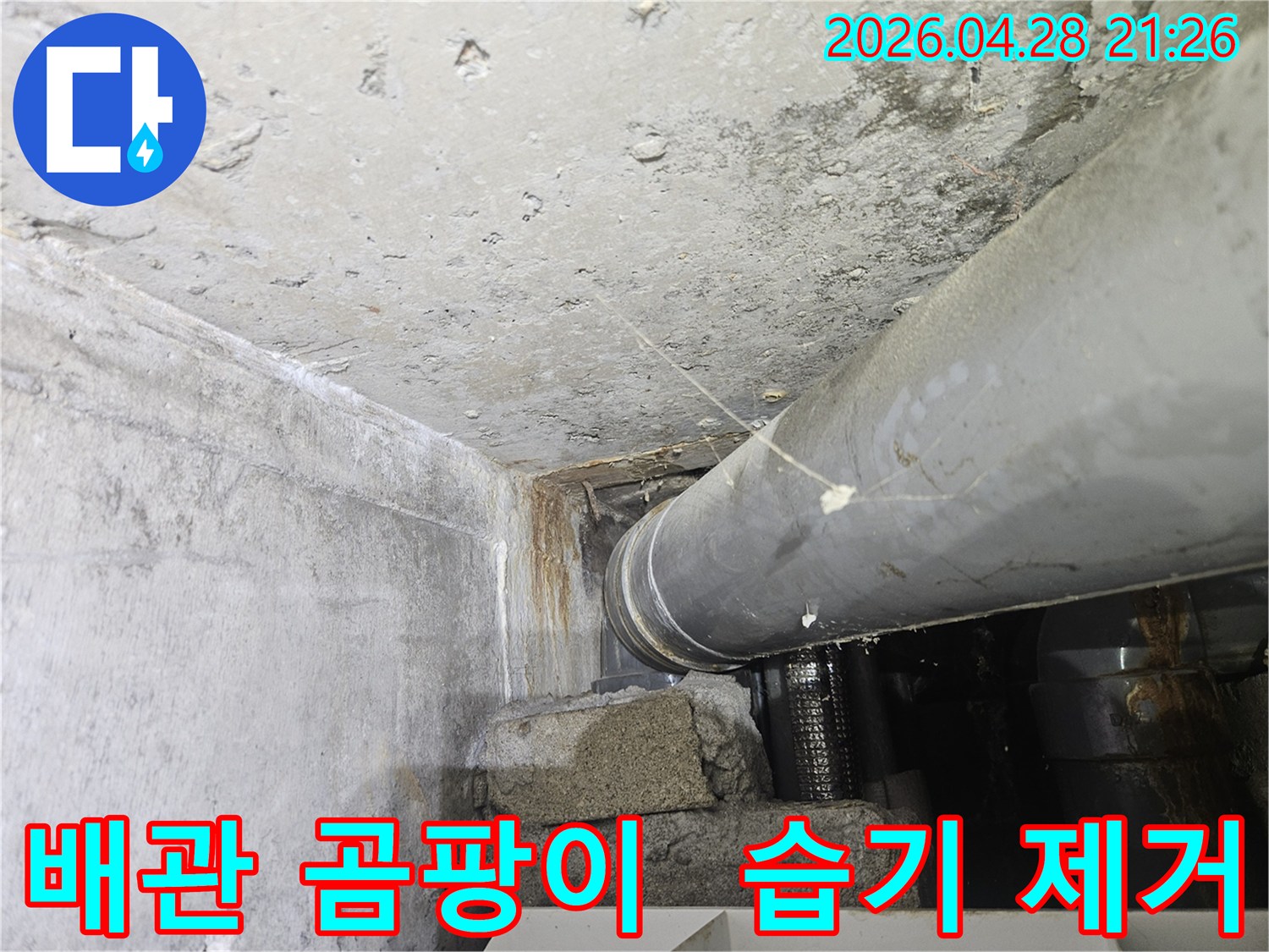 배관-주변에-발생한-누수로-인해-생긴-곰팡이와-습기를-제거하기-위한-현장-사진입니다