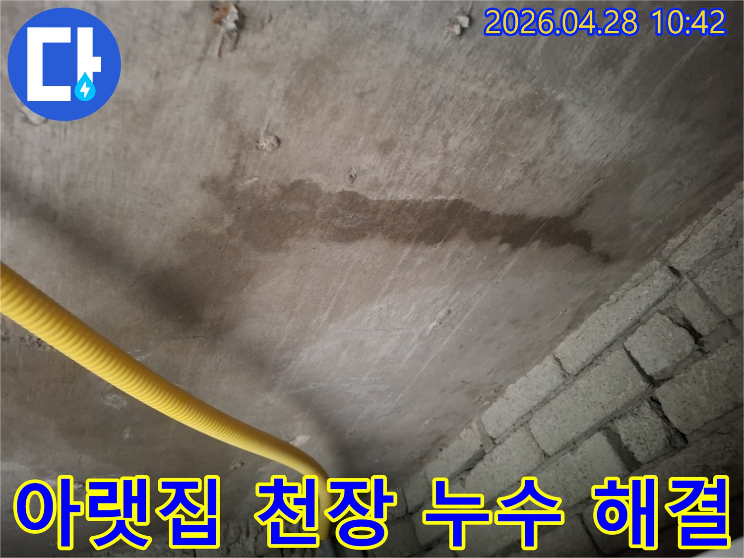 성남 분당 아파트 아랫집 화장실 천장에-발생한-누수로-인해-젖은-콘크리트와-배관-모습