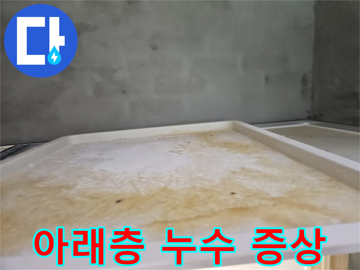 욕실 천장에 발생한-누수로 인한-물자국과 오염된 트레이의 모습입니다