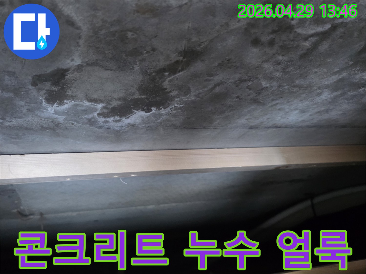 콘크리트 천장 표면에 물이 스며들어 생긴 어두운 얼룩과-하얀 백화 현상이 뚜렷하게 관찰됩니다.
