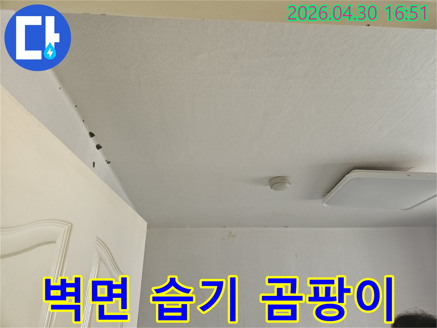 천장과-벽면-경계에-발생한-습기로-인한-곰팡이와-벽지-손상을-보여주는-사진입니다.
