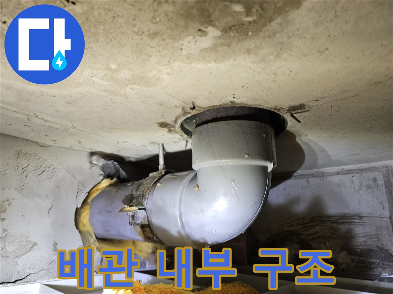 단열재가 찢어진 틈으로-배관의 내부 구조와-손상 여부를-간접적으로 확인하는-현장 사진