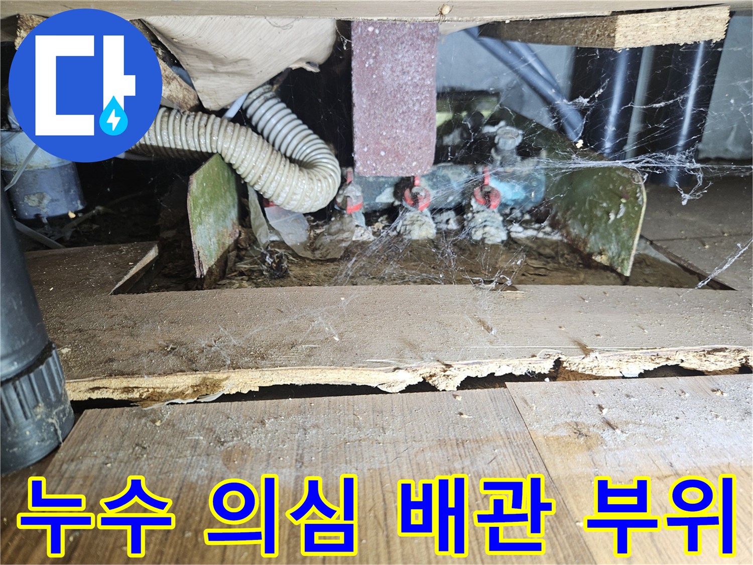 세면대 아래쪽 틈새에 위치한 배관 연결부 점검