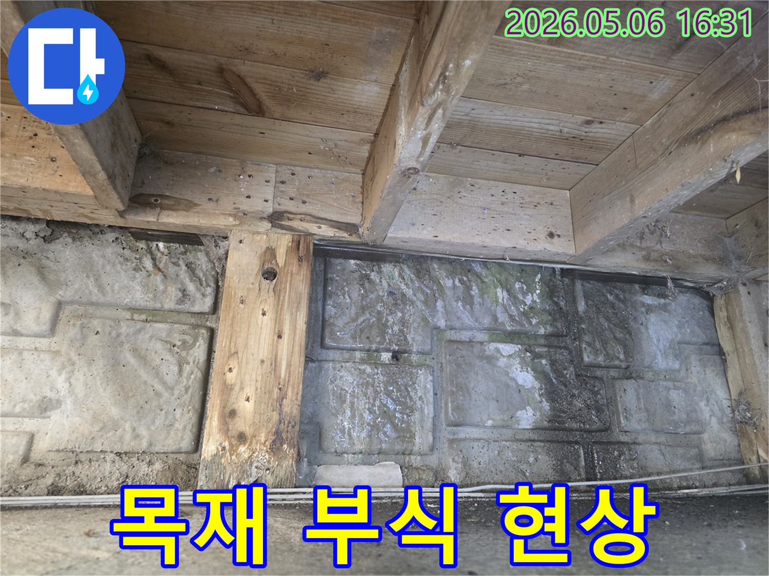 누수로 인해 목재 기둥이 젖고-벽면에 물자국과 곰팡이가 가득한-습한 지하 공간의 모습