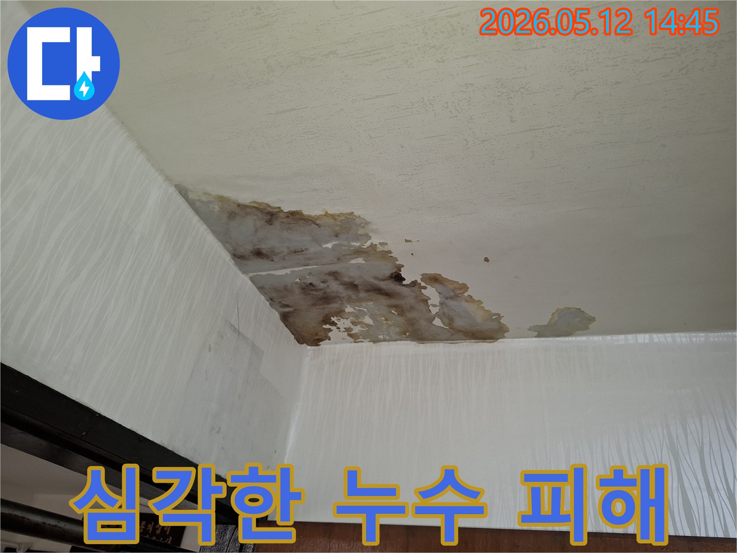 천장에서 물이 새어-벽과 천장에-심각한 물자국과-손상이 발생한-누수 현장 사진입니다