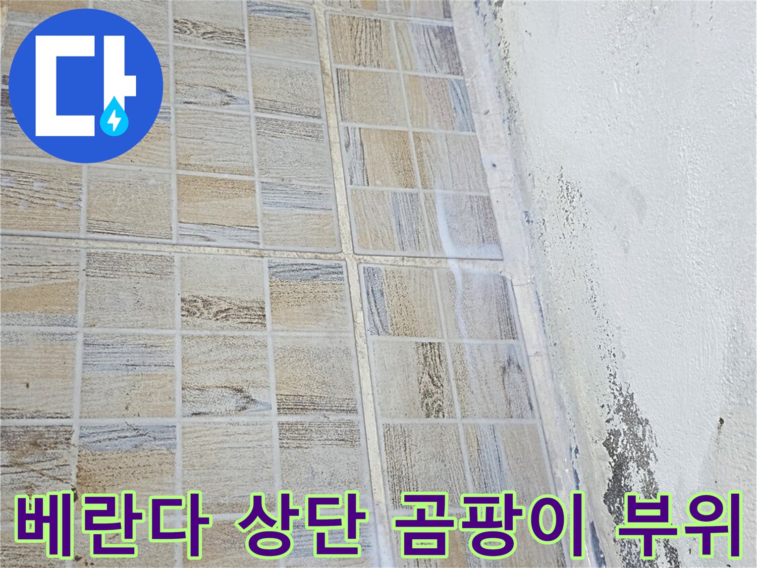 베란다 타일과 천장 경계에 발생한 검은 곰<0xAE>팡이 오염지점