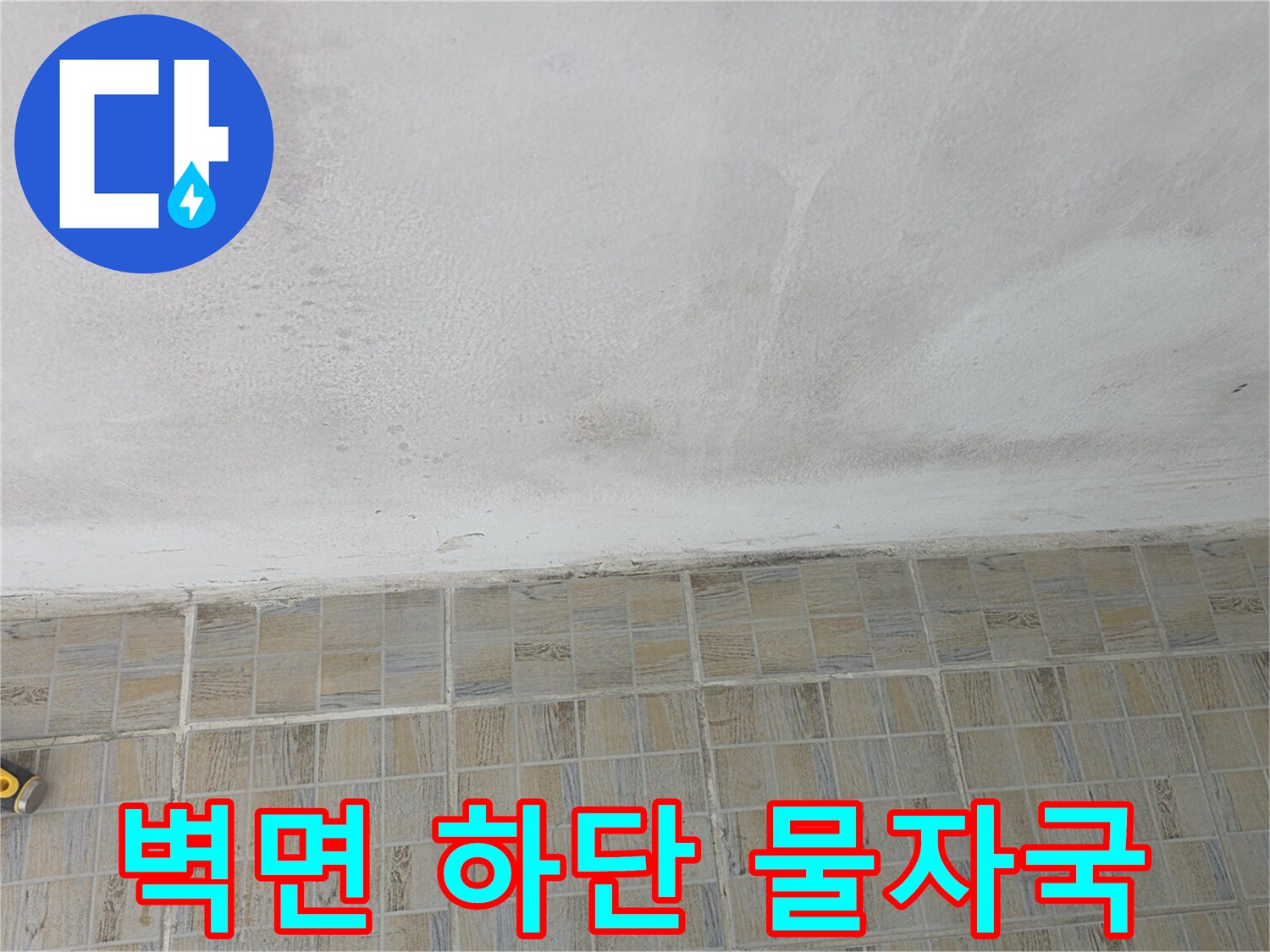 습기가 유입되어 변색된 벽면과 타일 경계