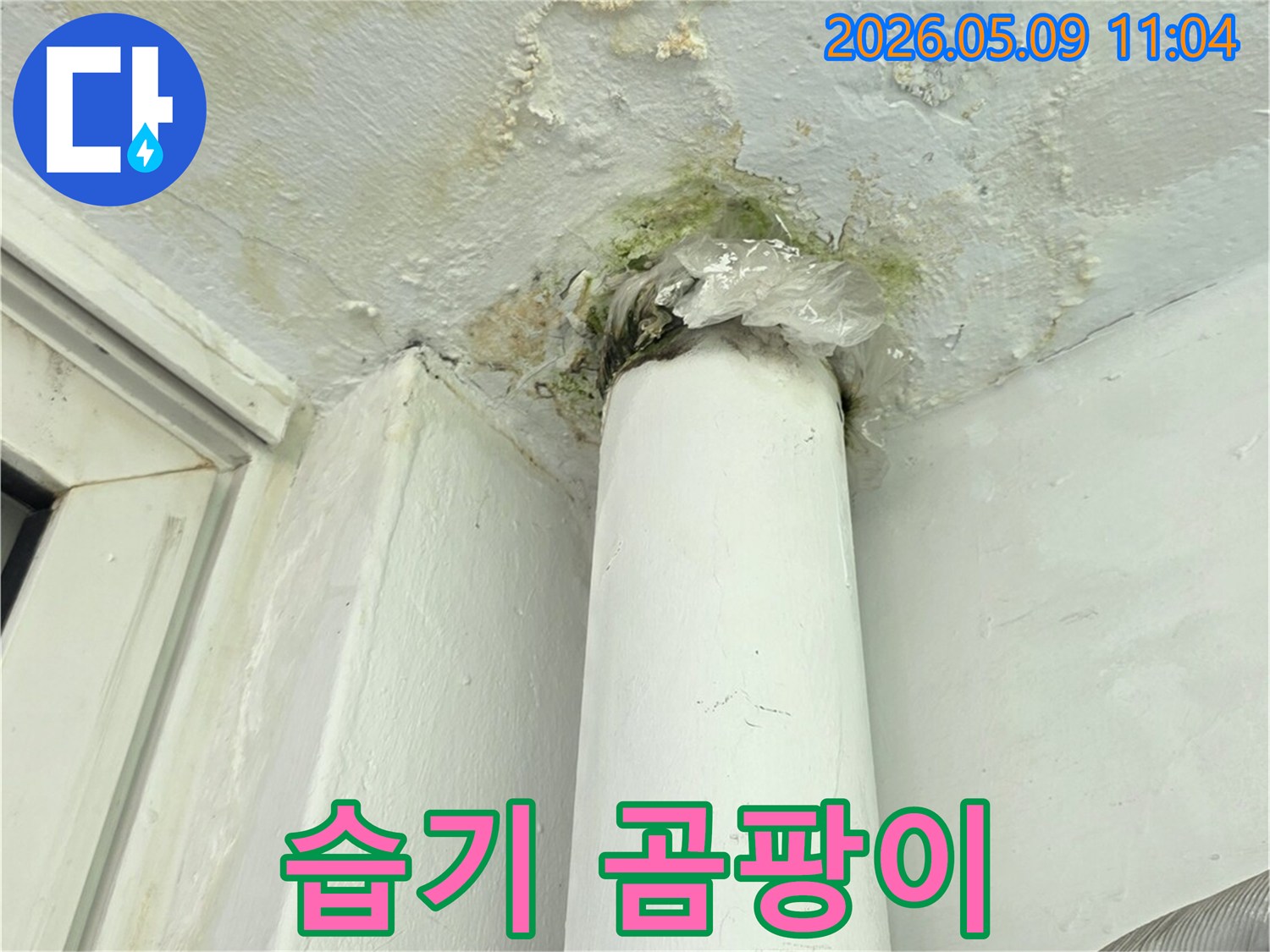 습기로 인해-벽면과 파이프-주변에 발생한-물자국과 곰팡이-현장 이미지
