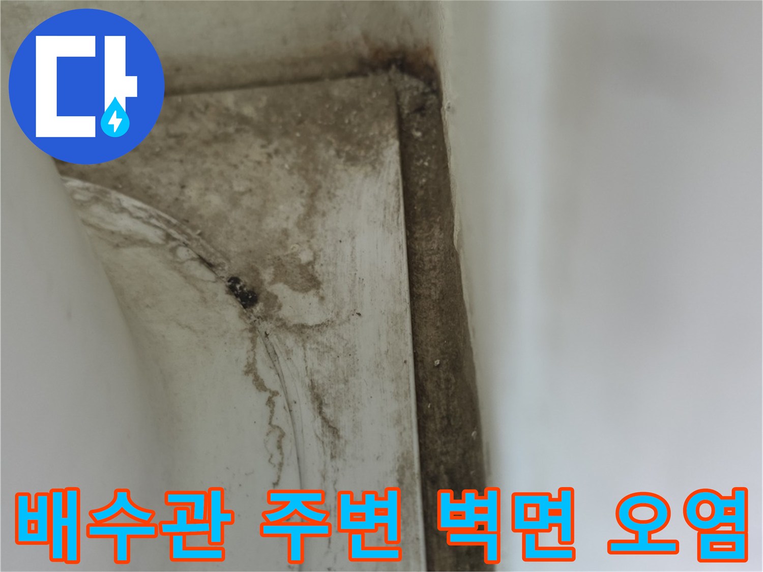 배수관 하단-벽면 조인트의 누수 오염 부위