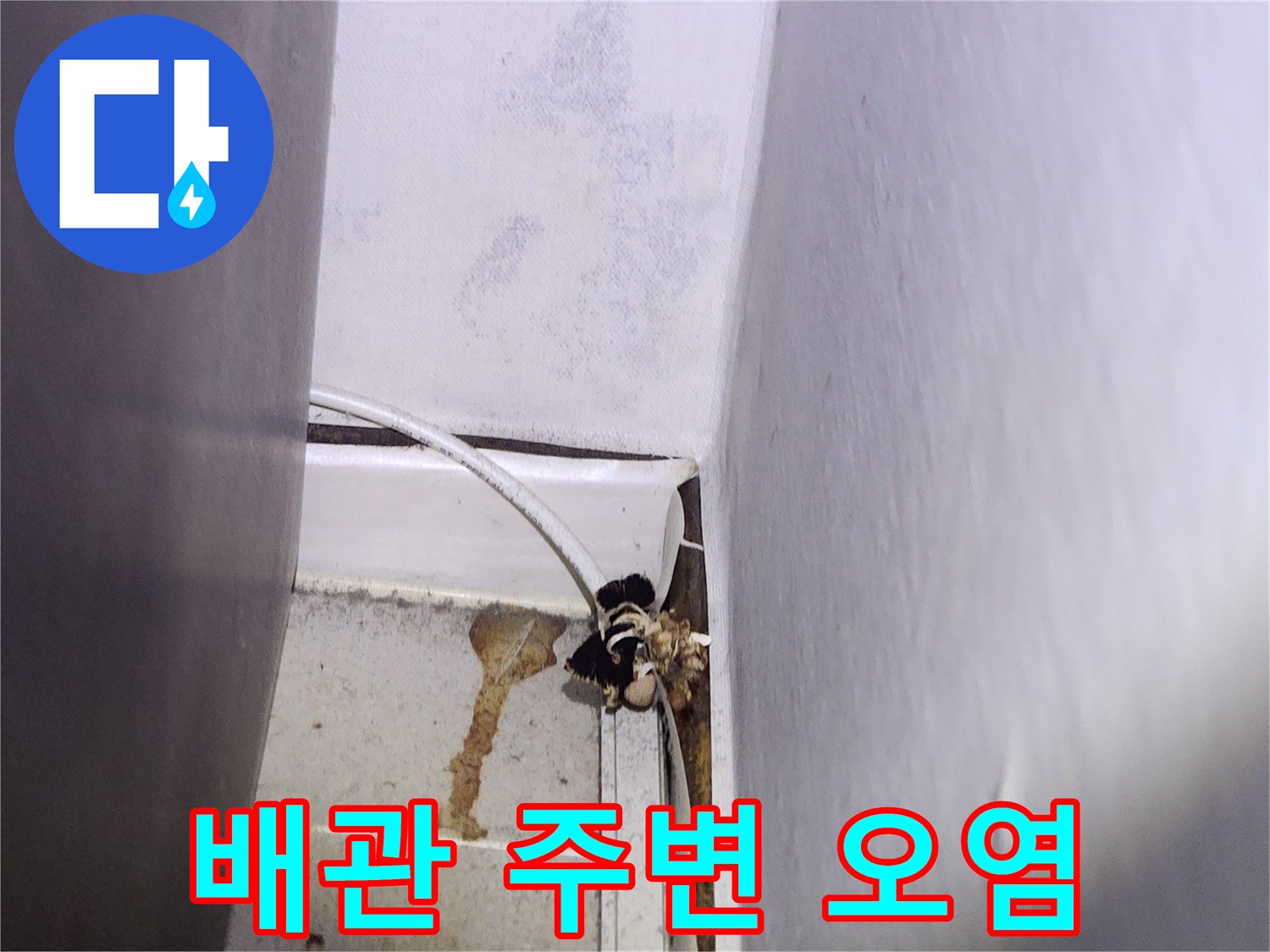 천장 내부 배관-주변 슬래브의 젖은 자국과 오염 부위
