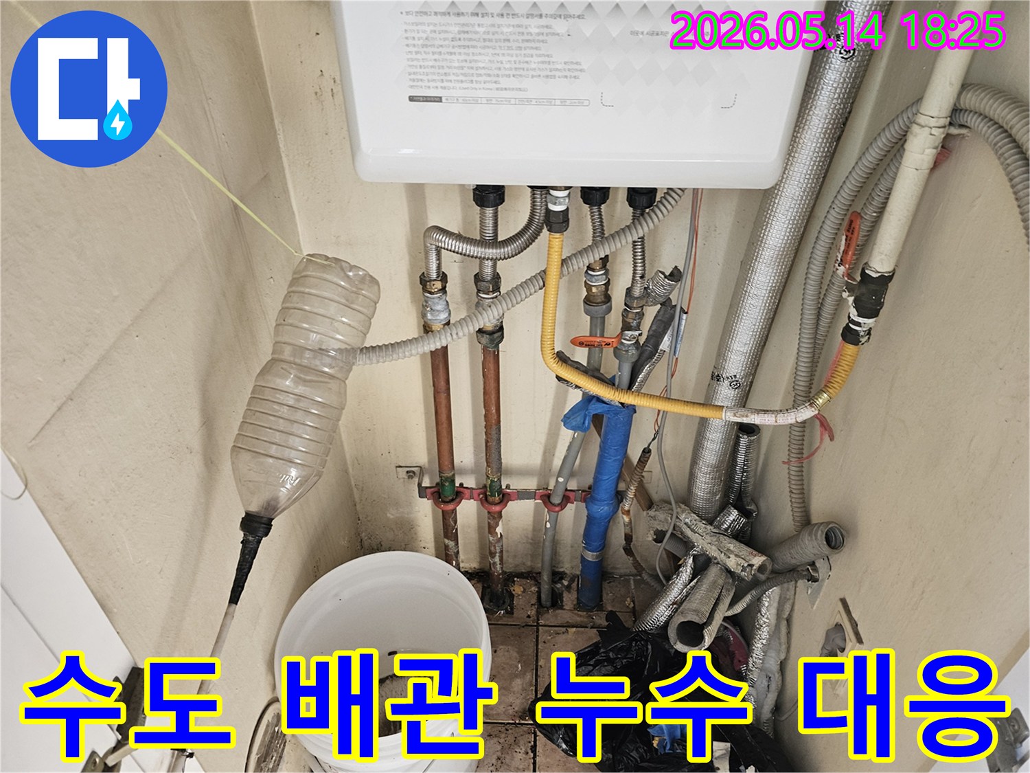 하남시 감일동 아파트의 수도 배관 누수 현장에-전문가가 신속하게 대응하여-상황을 점검하는 모습입니다.