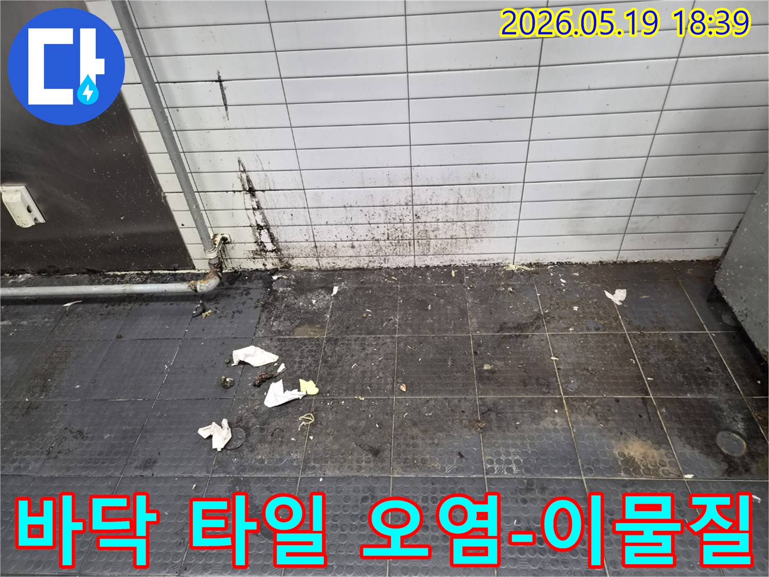 장기간 누수로 인해 바닥 타일이 심하게 오염되고-각종 이물질이 뒤섞여 쌓인 현장