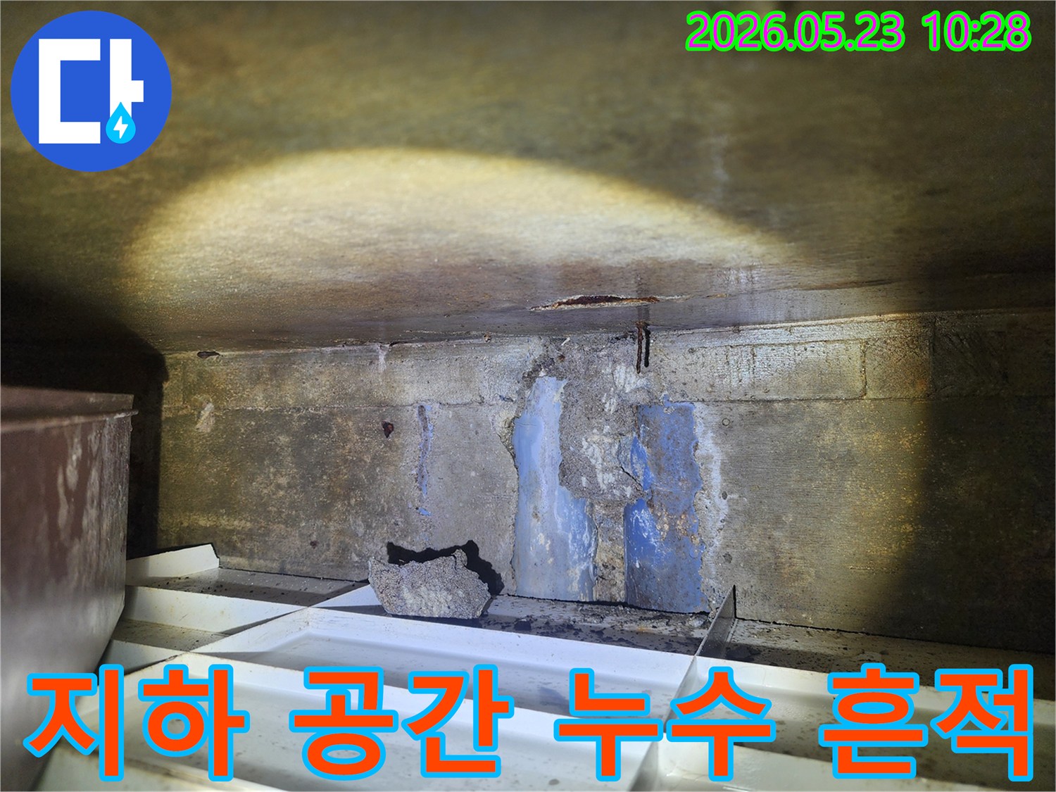 어두운-지하-공간의-천장과-벽면에-물이-새고-있으며-바닥에-물받이가-놓인-누수-현장