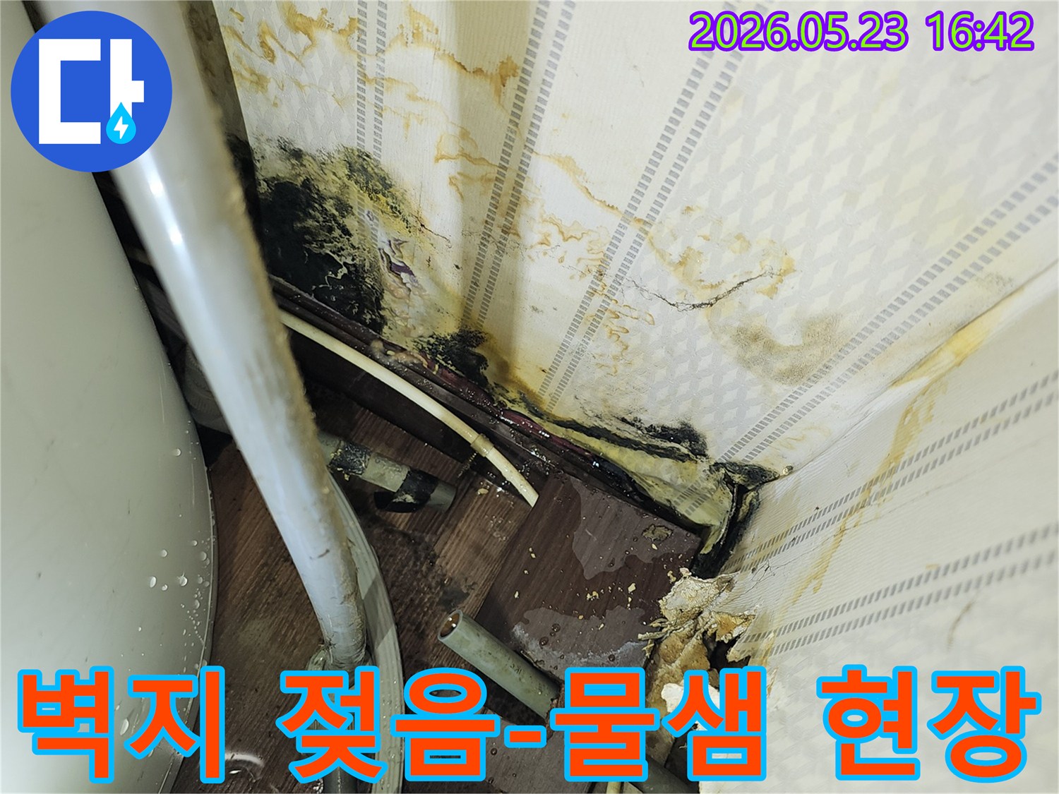 벽지가 젖어 들뜨고-얼룩이 심하게 생긴-누수 발생 지점의-근접 촬영 사진입니다.