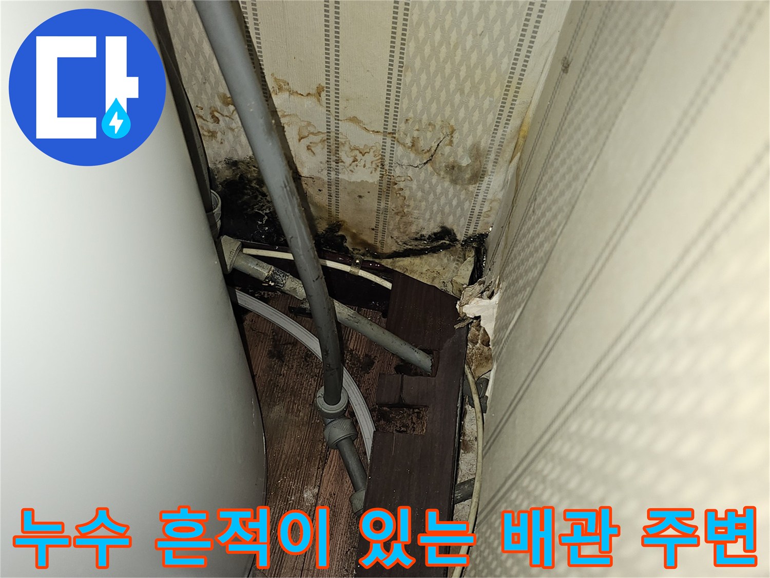 여의도 상가 현장-물샘으로 인해 젖어있는 벽면과 배관