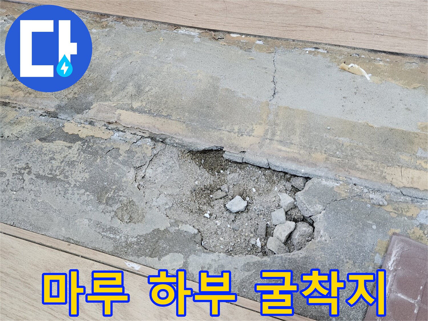 누수 확인 작업-마루 아래 콘크리트가 노출된 모습