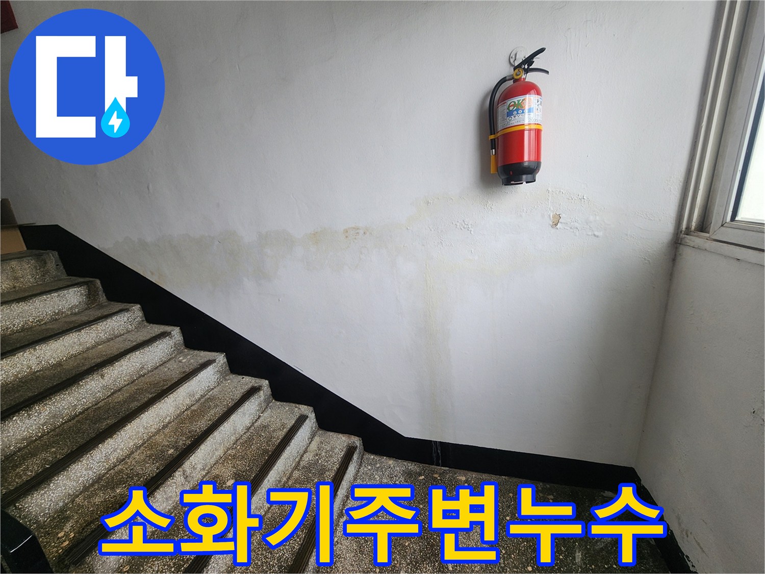 이-사진은-인천 남동구 아파트 계단 벽면의-소화기 주변에-발생한 누수 흔적을-보여주며-안전 문제의 심각성을-시사합니다