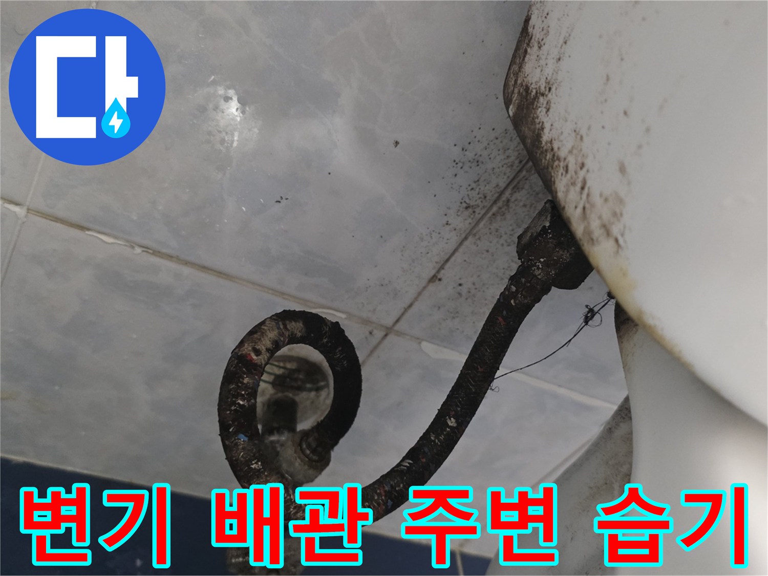변기 하부 급수 호스 - 주변 타일의 젖은 부위와 오염 흔적