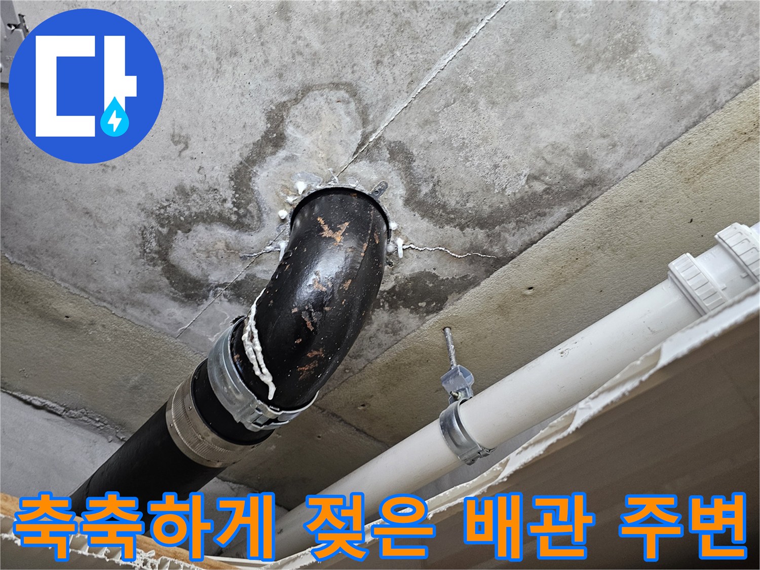 누수로 인해 변색된 콘크리트와 하수 배관