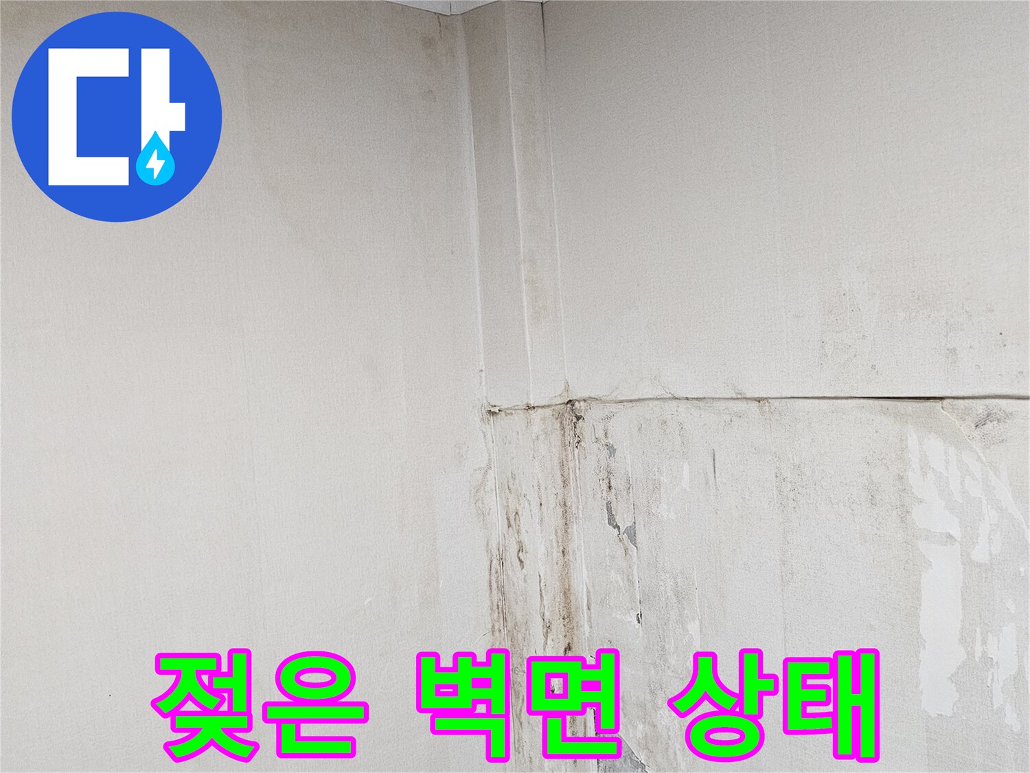 용인 상가 천장-물샘으로 인해 얼룩진 천장과 벽면의 모습