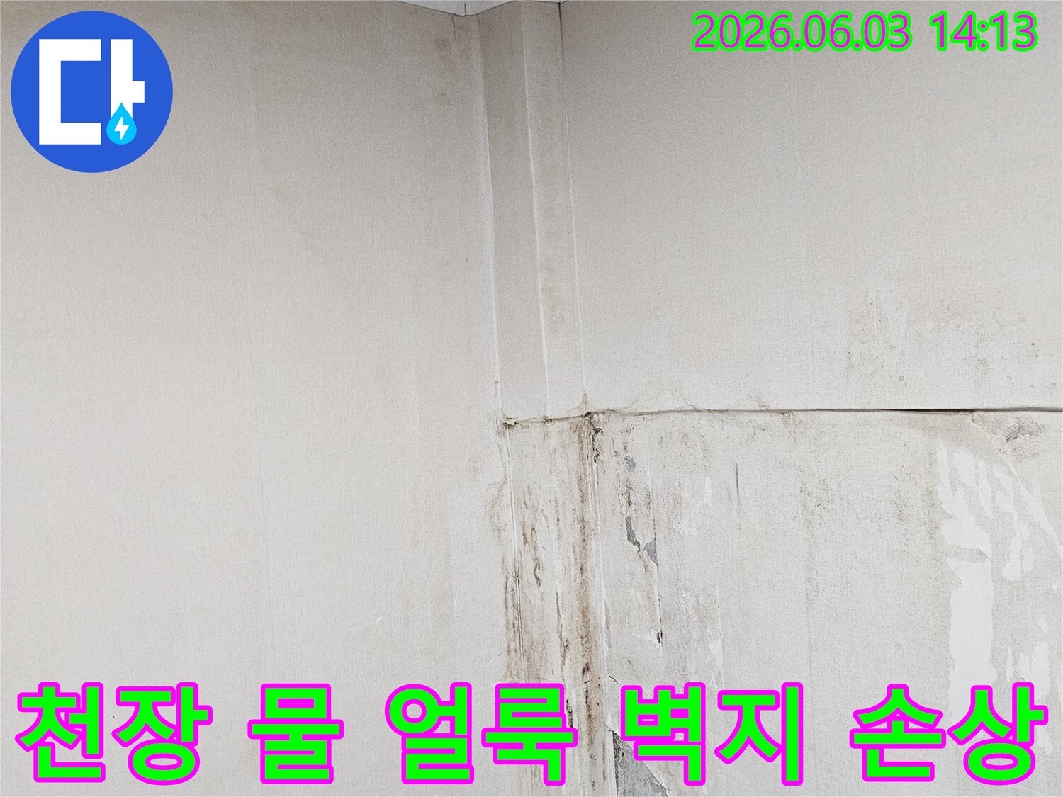 천장-모서리에-누수로-인한-물-얼룩과-벽지-손상이-뚜렷한-모습