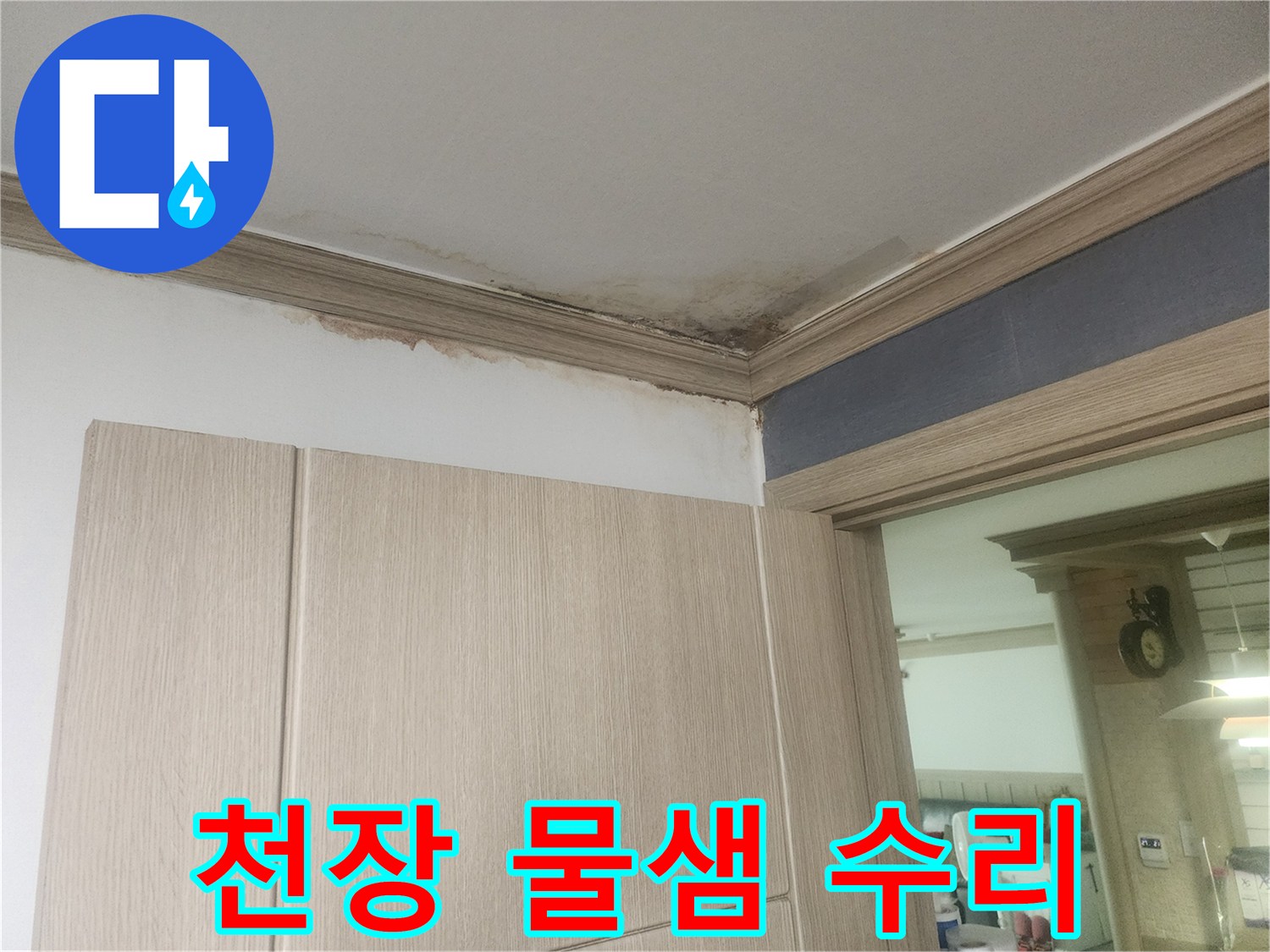 천장-모서리에-발생한-누수로-인한-물자국과-곰팡이-피해를-수리해야-합니다.