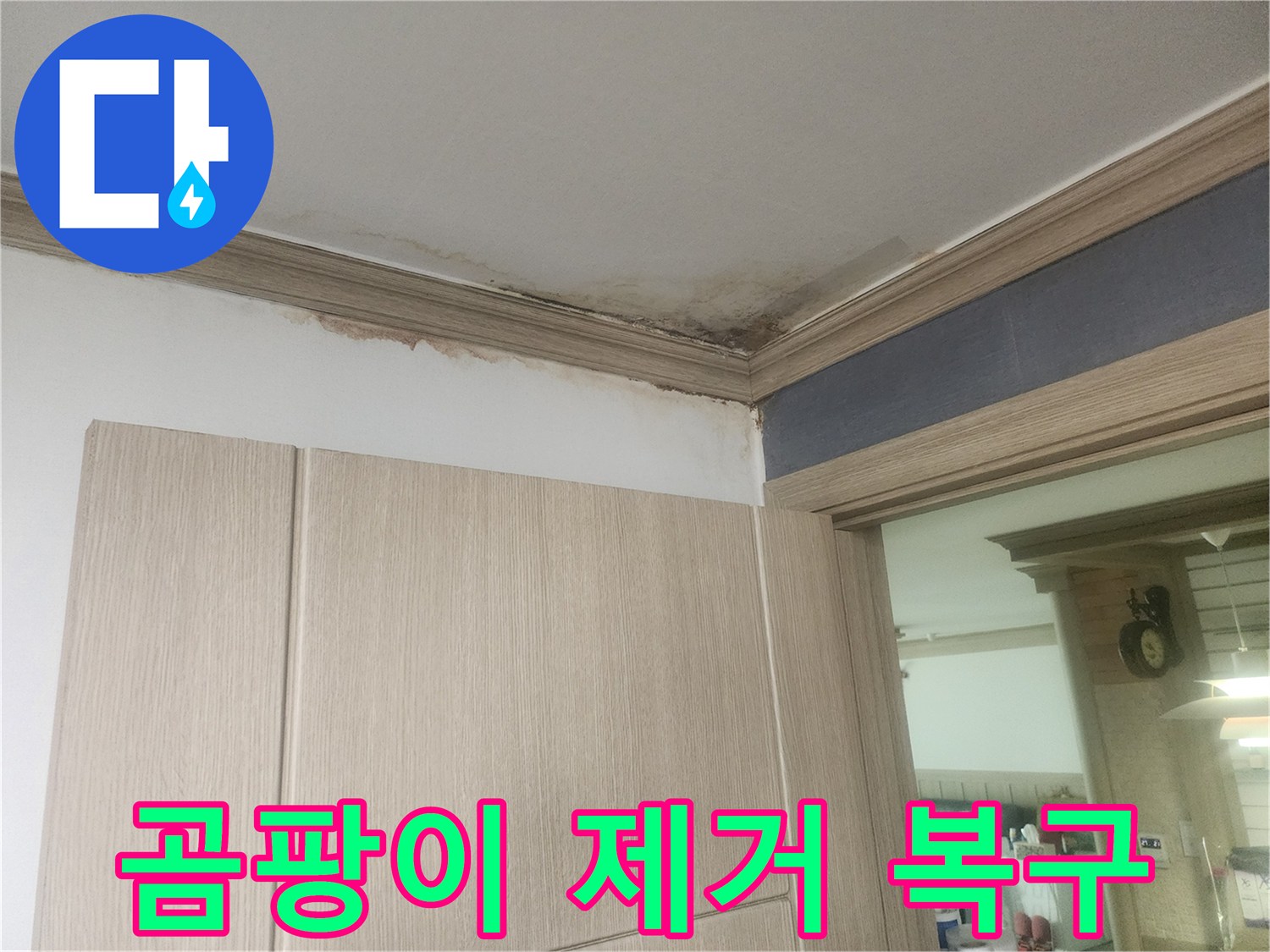 천장-모서리에-심하게-번진-누수-얼룩과-곰팡이를-제거하고-완벽하게-복구해야-하는-현장입니다.