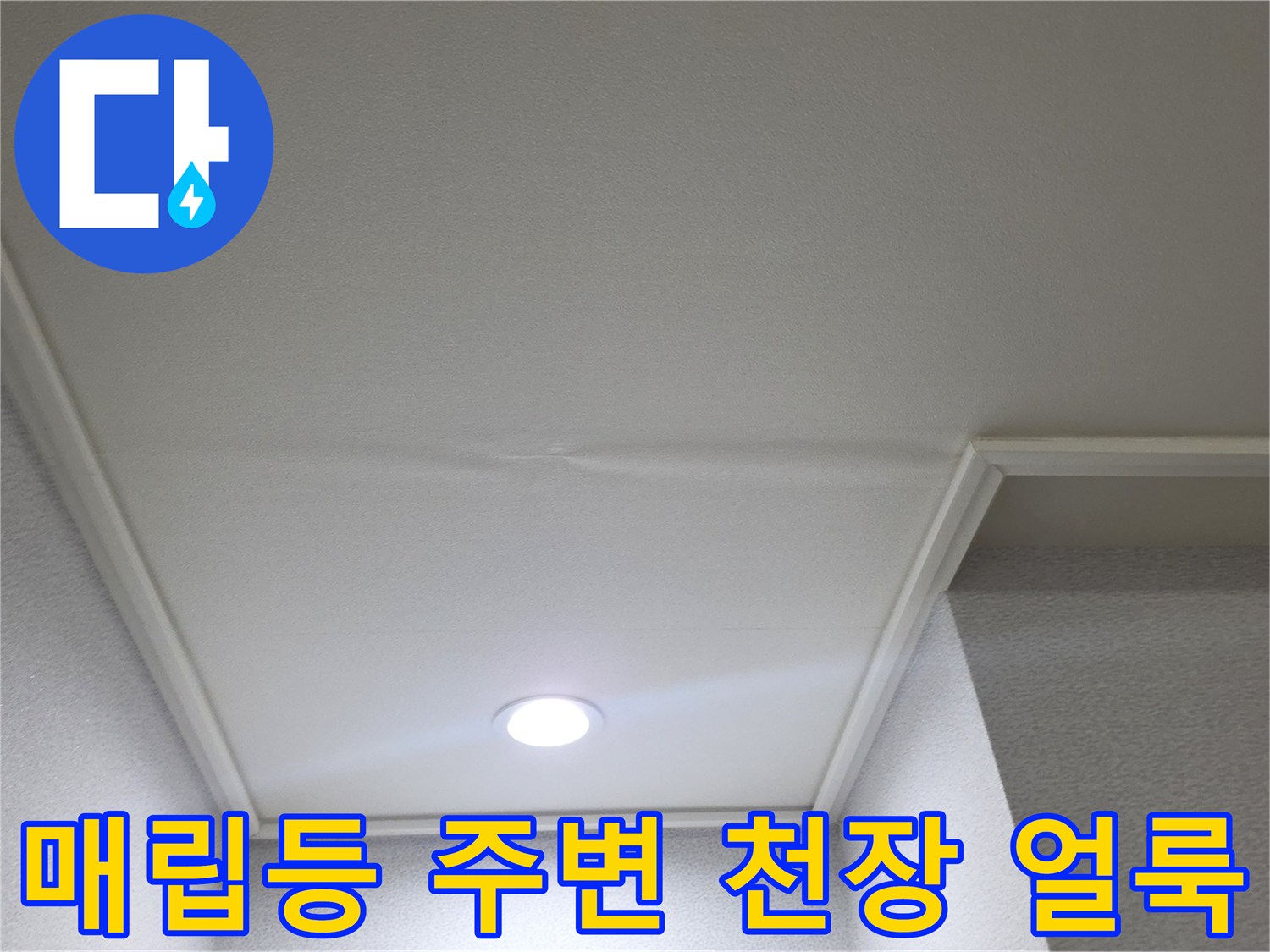 아파트 거실 천장 매립등 부근에 나타난 물샘 흔적과 벽지 변색 상태