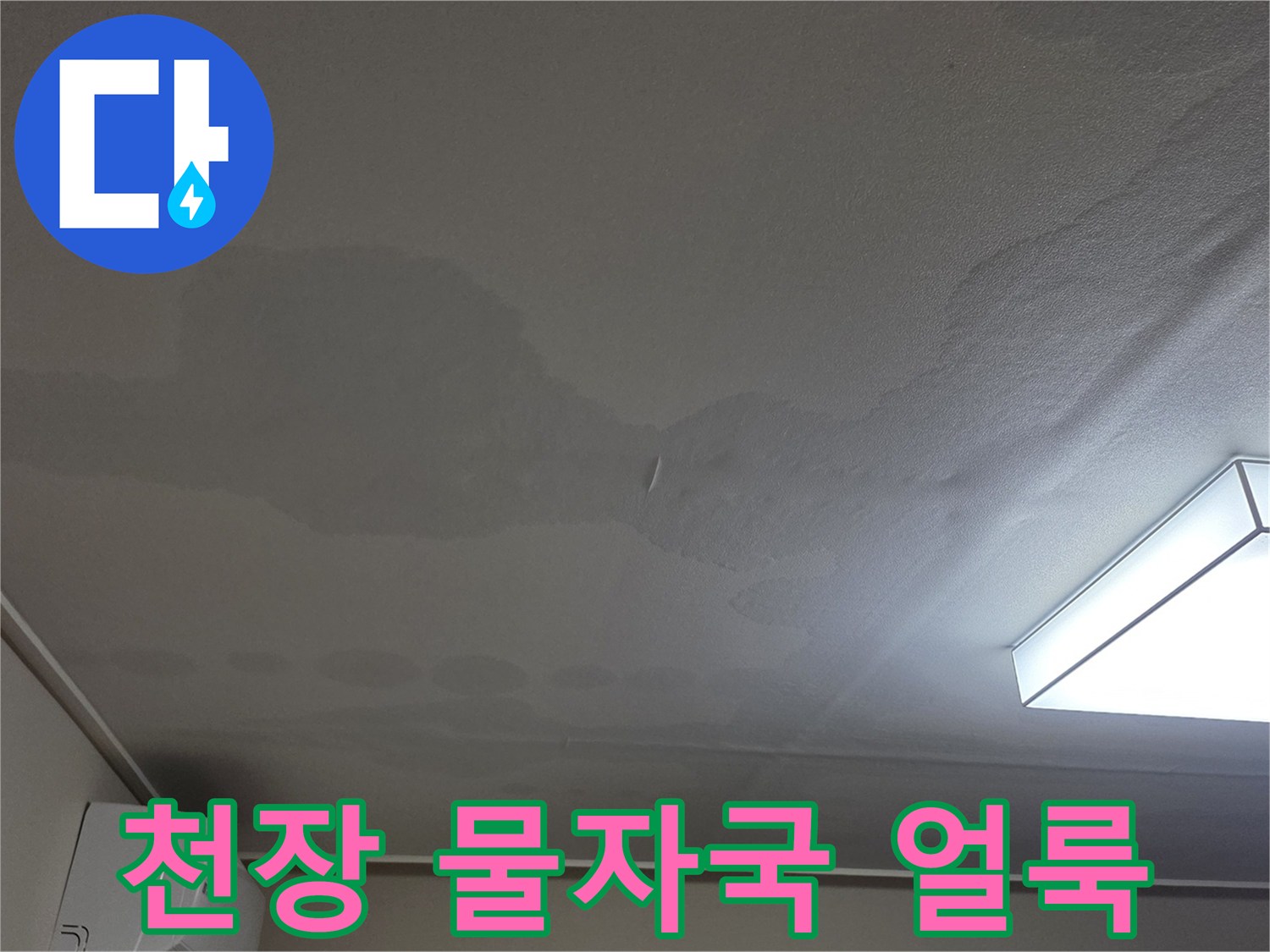일산 아파트 거실 천장의 넓은 누수 흔적과 벽지 변성 상태