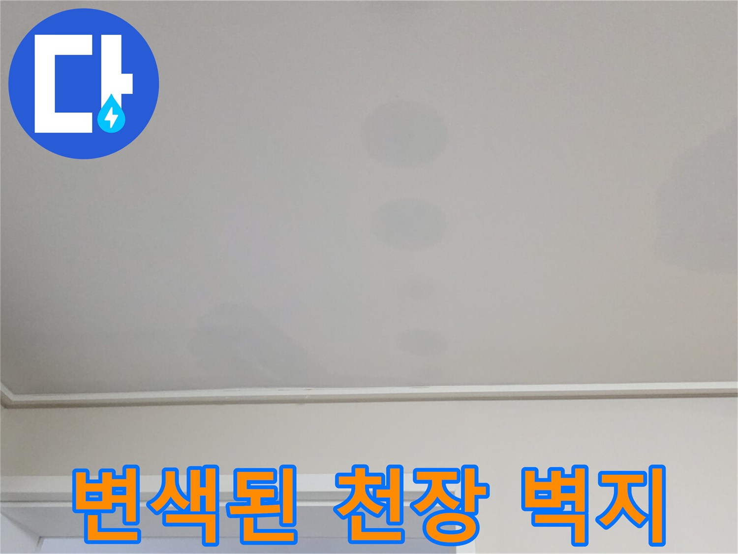 천장 벽지가 수분으로 인해 변색되고 얼룩진 현장 사진