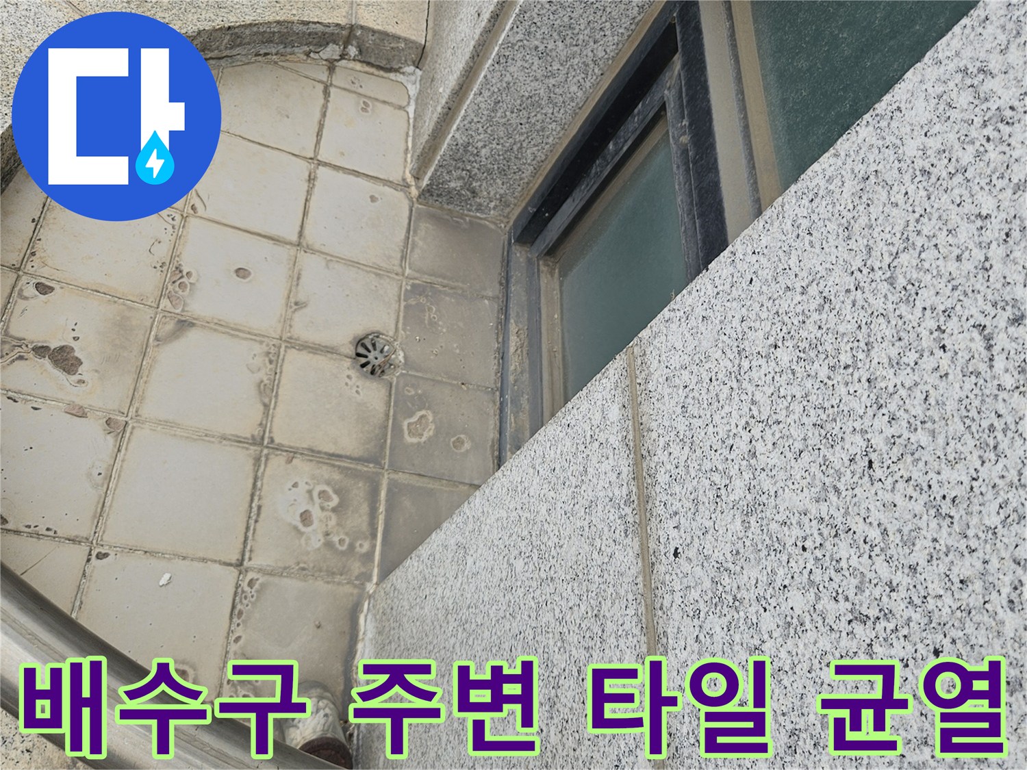 배수구 거름망 근처-오염된 타일과 틈새의 모습