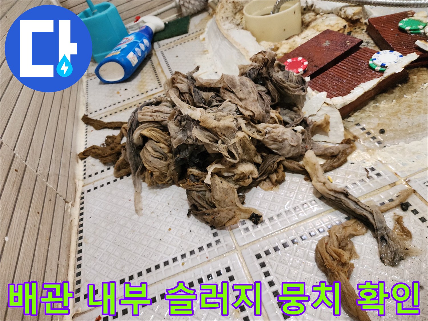 배수구에서 인양된 머리카락과 오염물질이 뒤섞인 커다란 슬러지