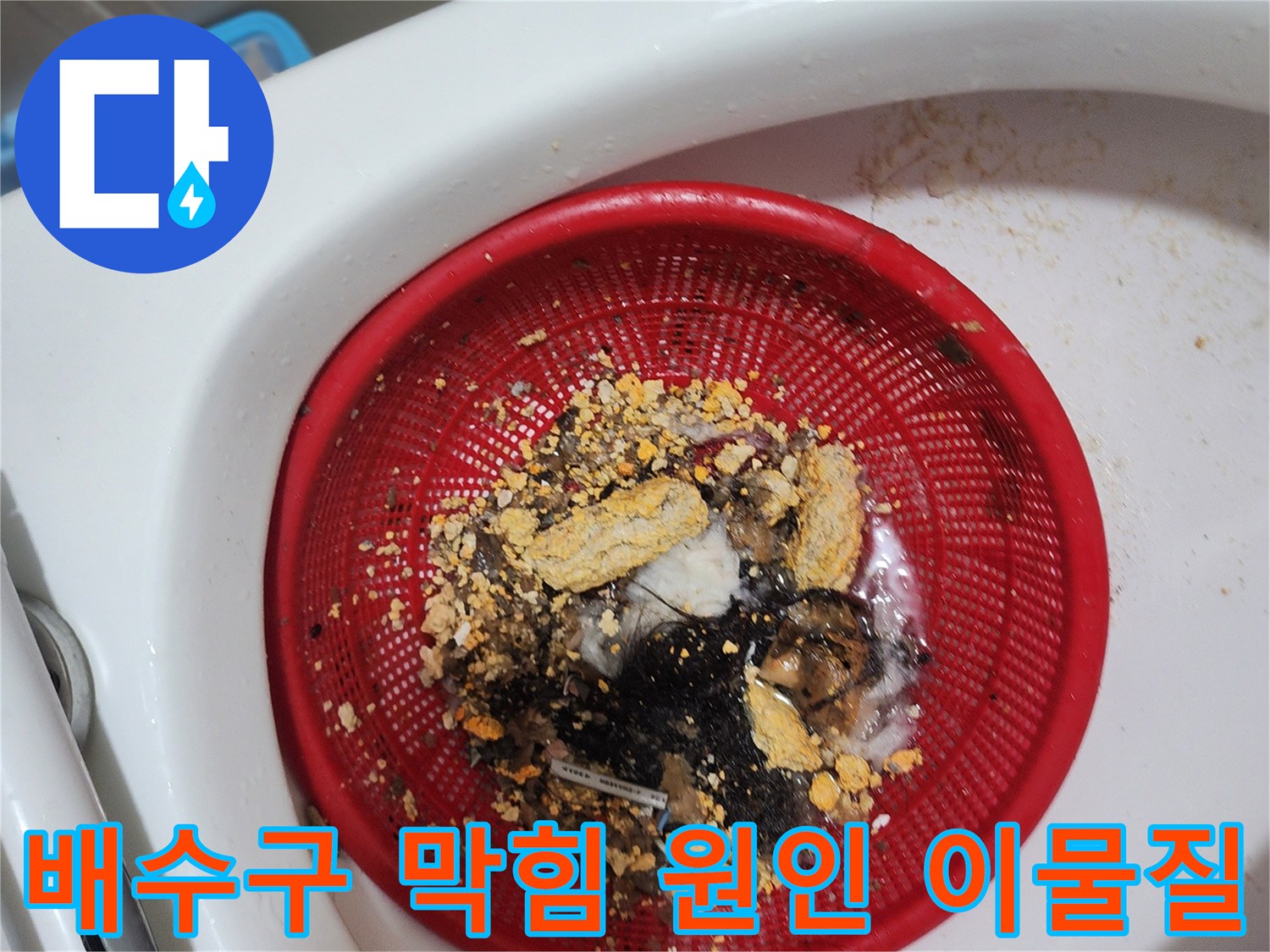 채반에 가득 담긴 머리카락과 오염된 배관 슬러지 덩어리