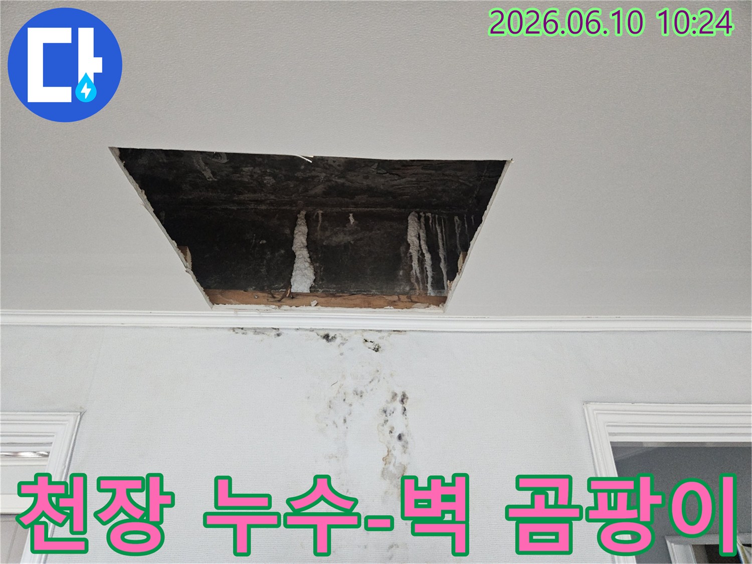 천장-석고보드-손상과-그-아래-벽면으로-번진-심각한-물자국-및-곰팡이-피해를-보여줍니다