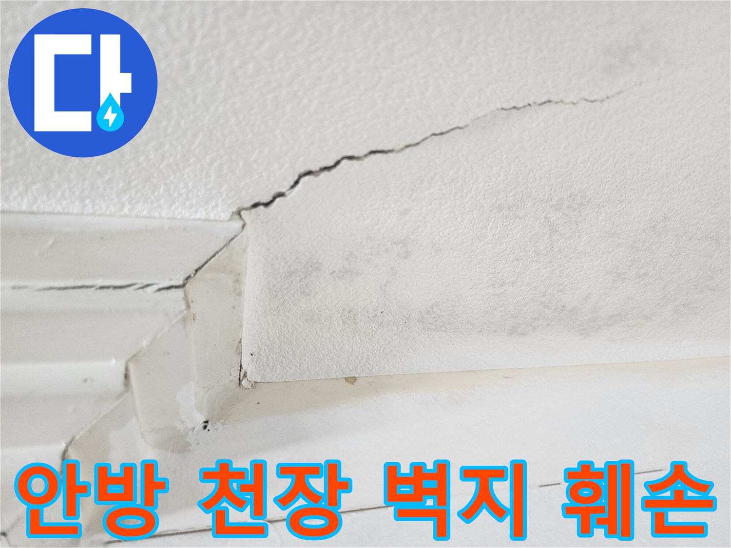천장 벽지 갈라짐과 습기로 인한 변색 부위 상세 촬영