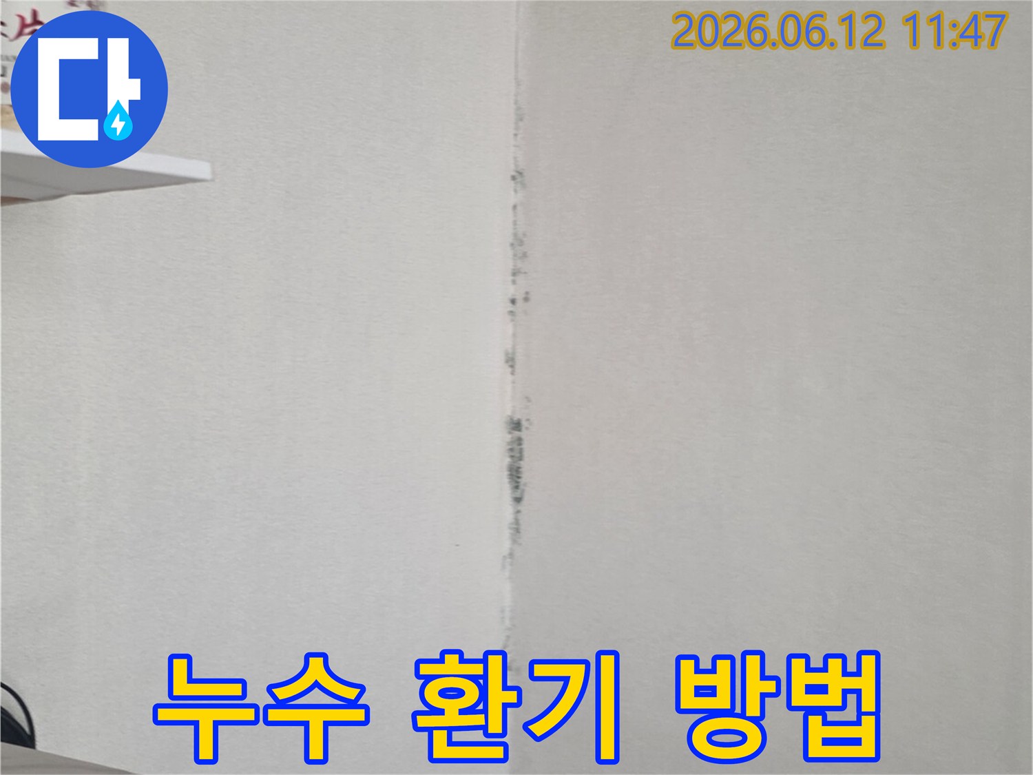 천장 모서리에 검은 곰팡이가 번져 있어-누수 해결 후 효과적인 환기 방법이 필요함을 보여줍니다.