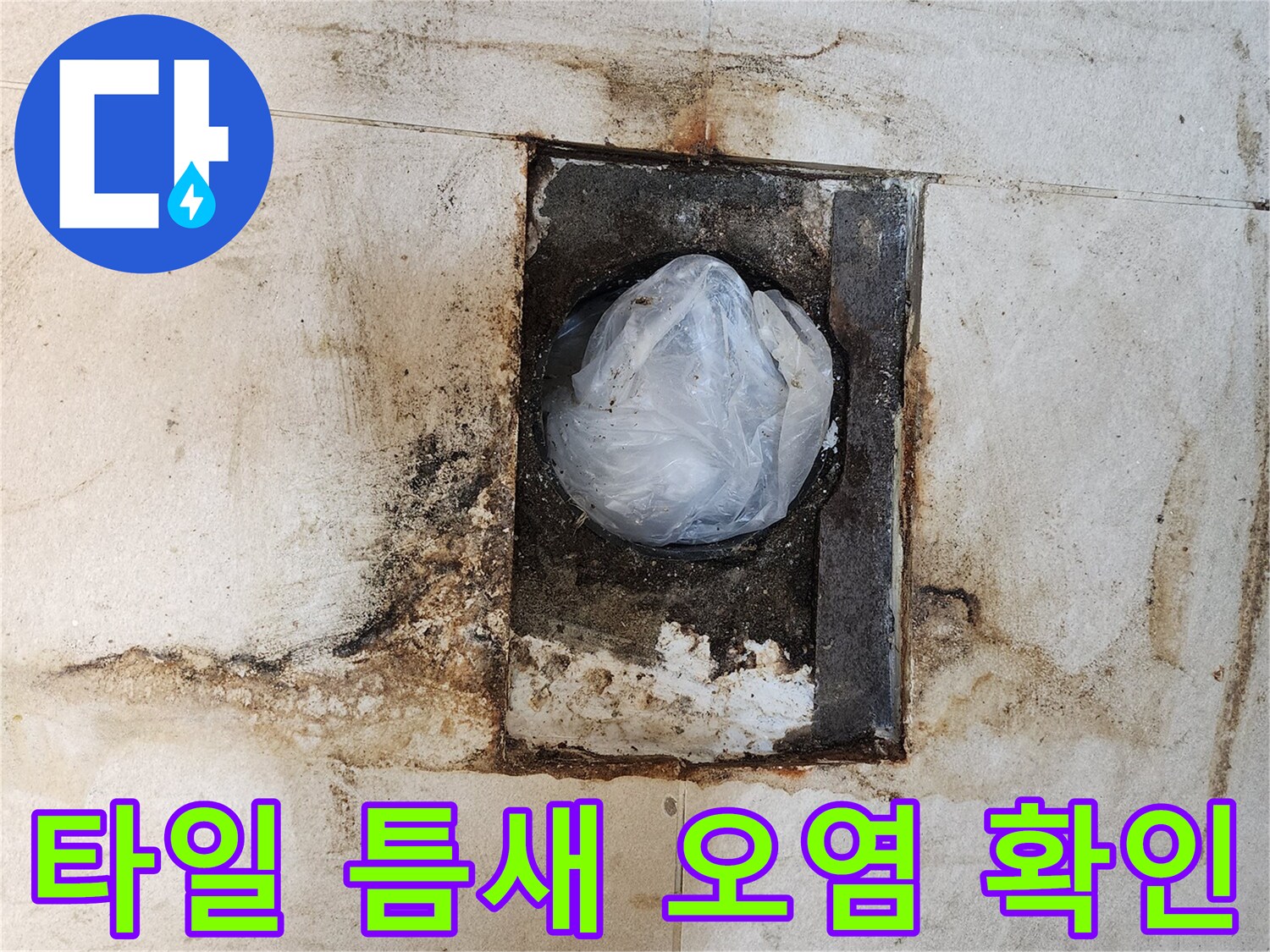 배관 주변 타일 틈새에 발생한 누수 흔적과 변색된 모습
