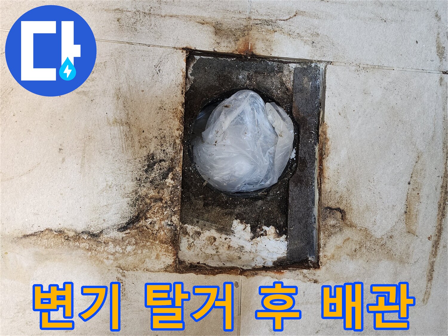 변기를 제거한 뒤 드러난 오염된 하수구 배관 입구 모습