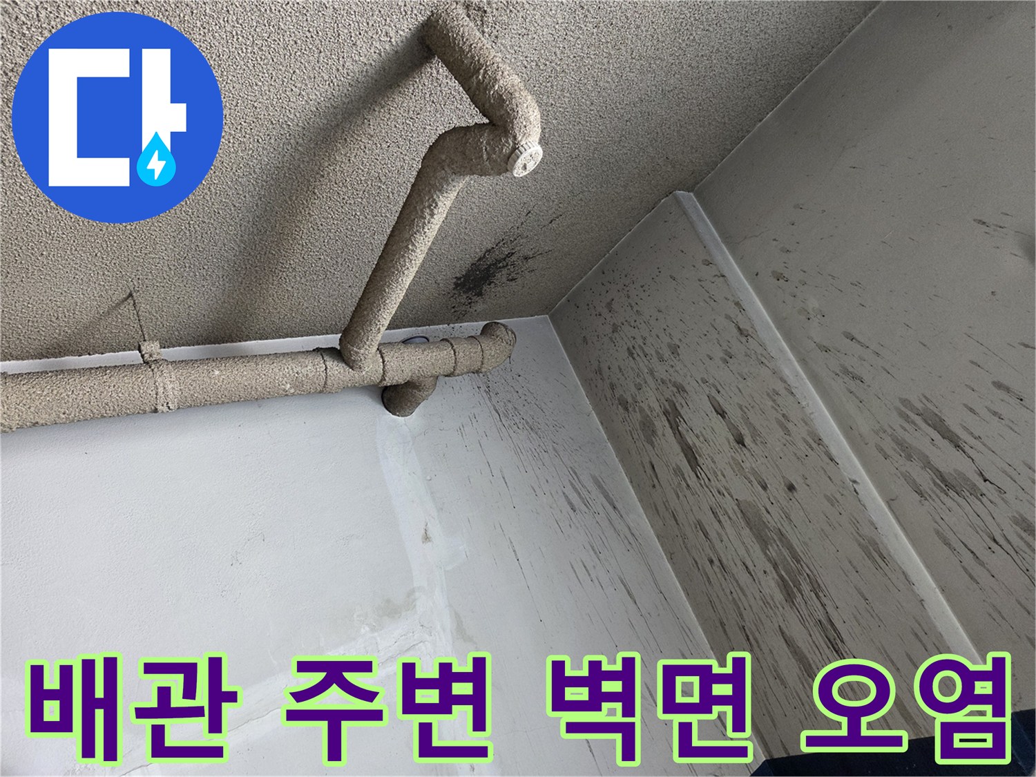 천장 배관 주변의 검은색 곰팡이와 벽면 오염 상태