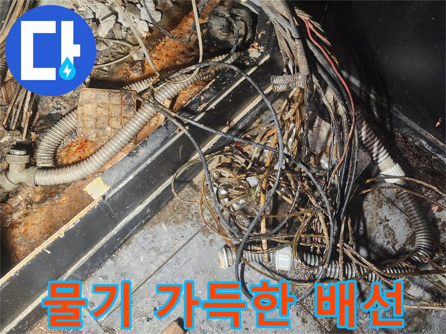 물기로-인해-심각하게-손상된-전기-시스템과-배관이-얽힌-지하-현장-종합적인-복구가-필요합니다