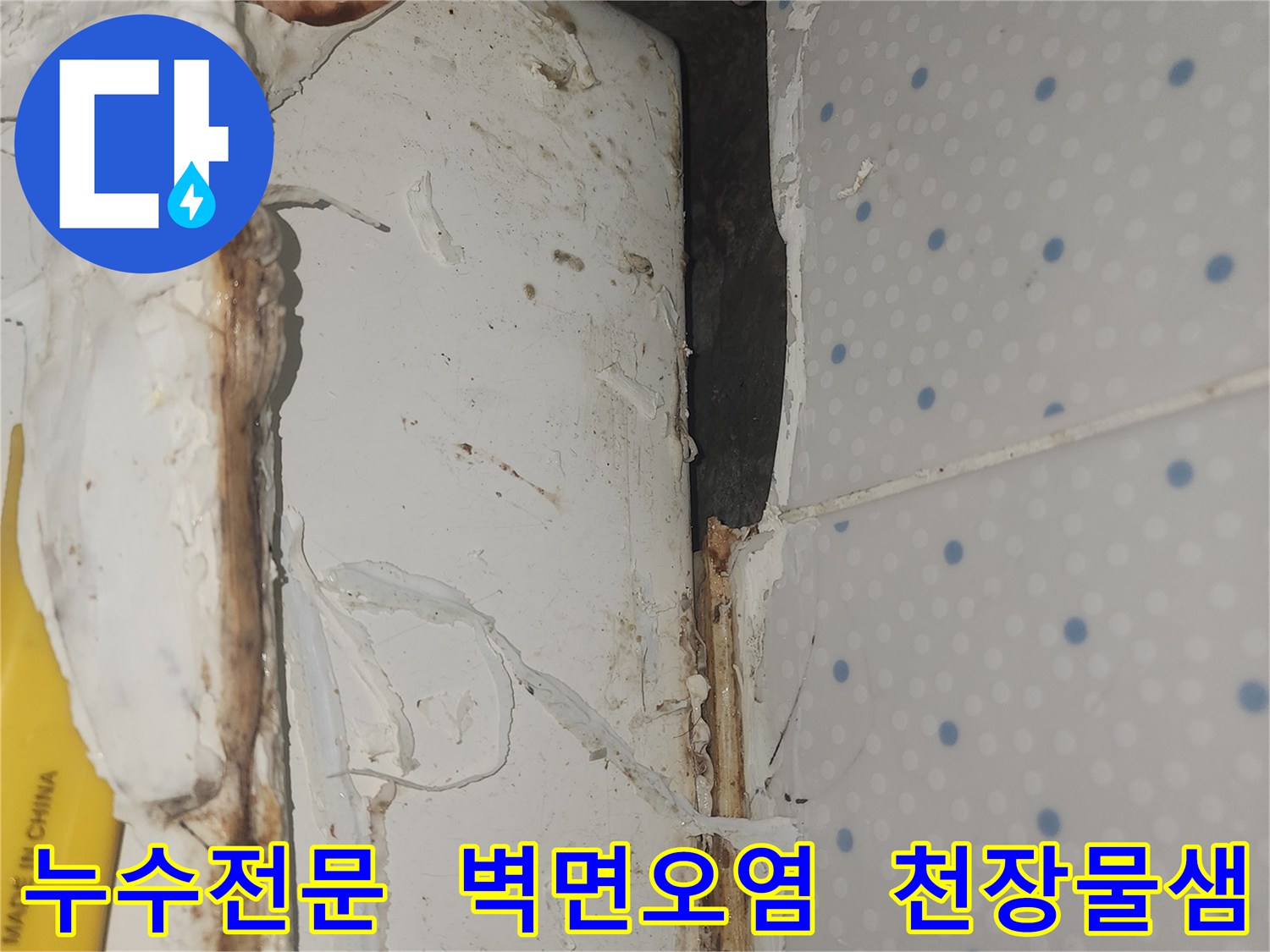 누수로-인해-오염된-천장-모서리-부분의-벽면을-전문적으로-탐지하고-해결해야-하는-현장
