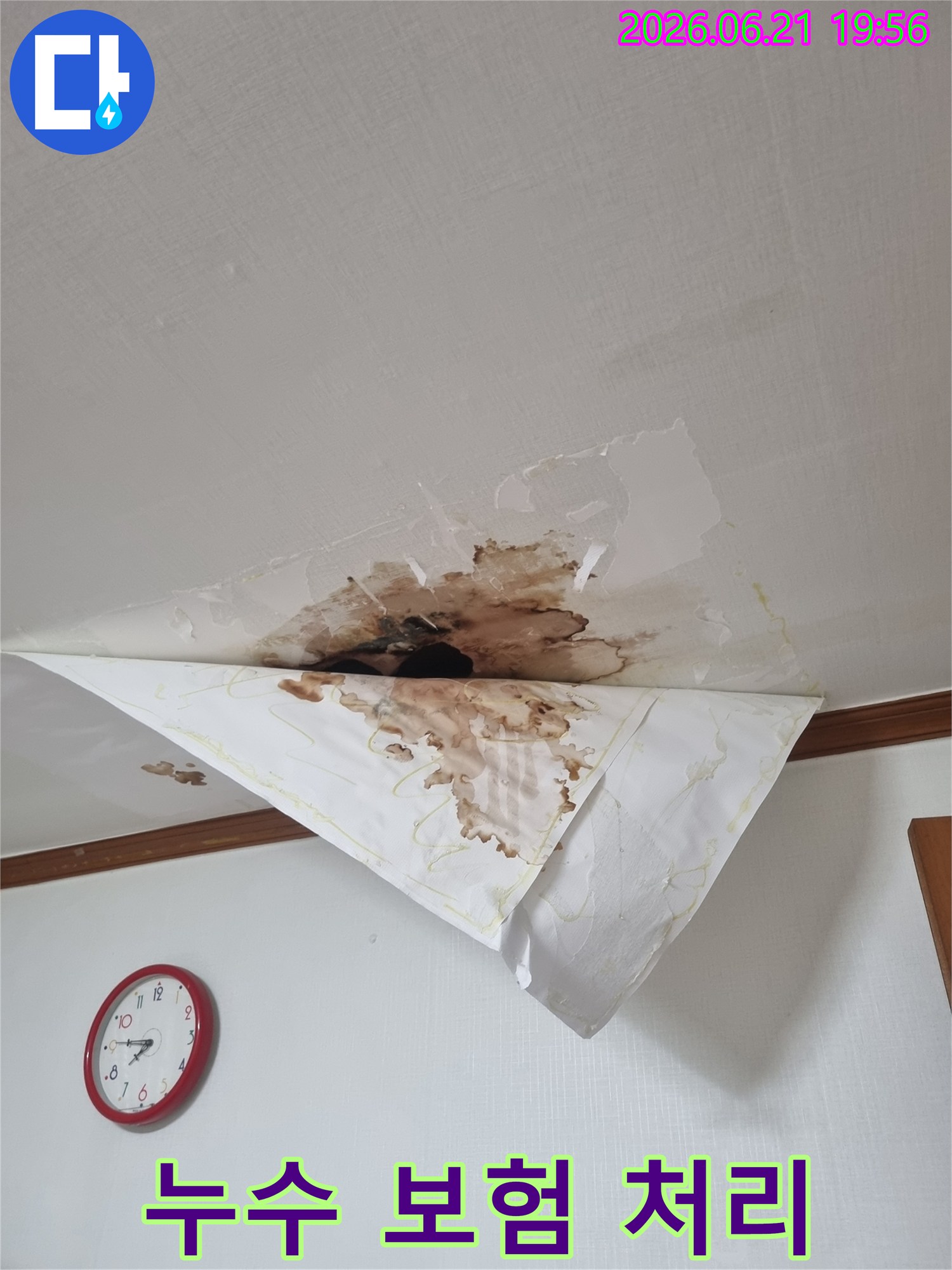 천장에서 물이 새어 벽지가 젖고 얼룩진 모습-누수 보험 처리 상담 및 지원이 가능한 상황입니다