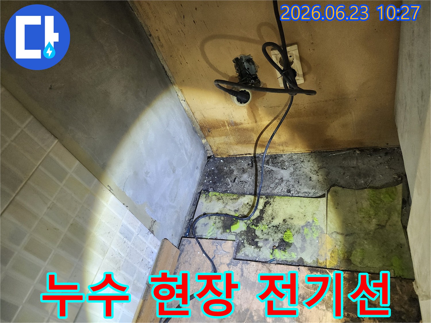 물기로-인해-손상된-바닥과-벽-곰팡이-그리고-위험한-전기-콘센트가-드러난-모습입니다.