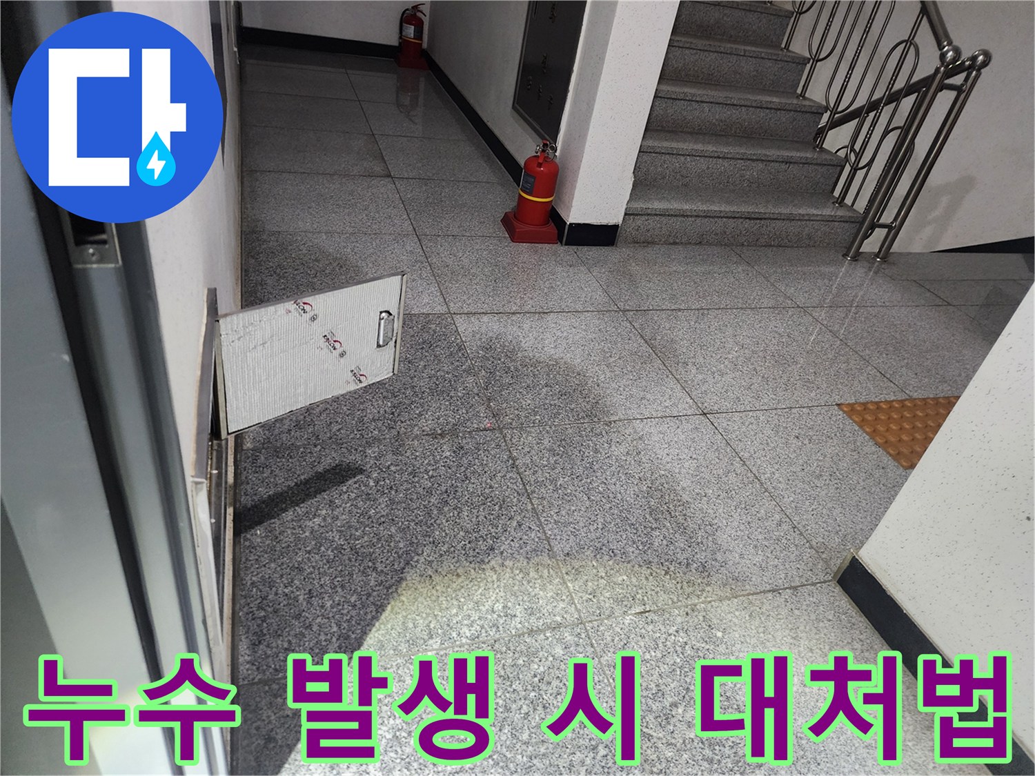 화곡로 스위트드림 아파트 복도에서-발견된 누수 현장에서-누수 발생 시 대처법을 설명하며-점검구를 개방하는 모습